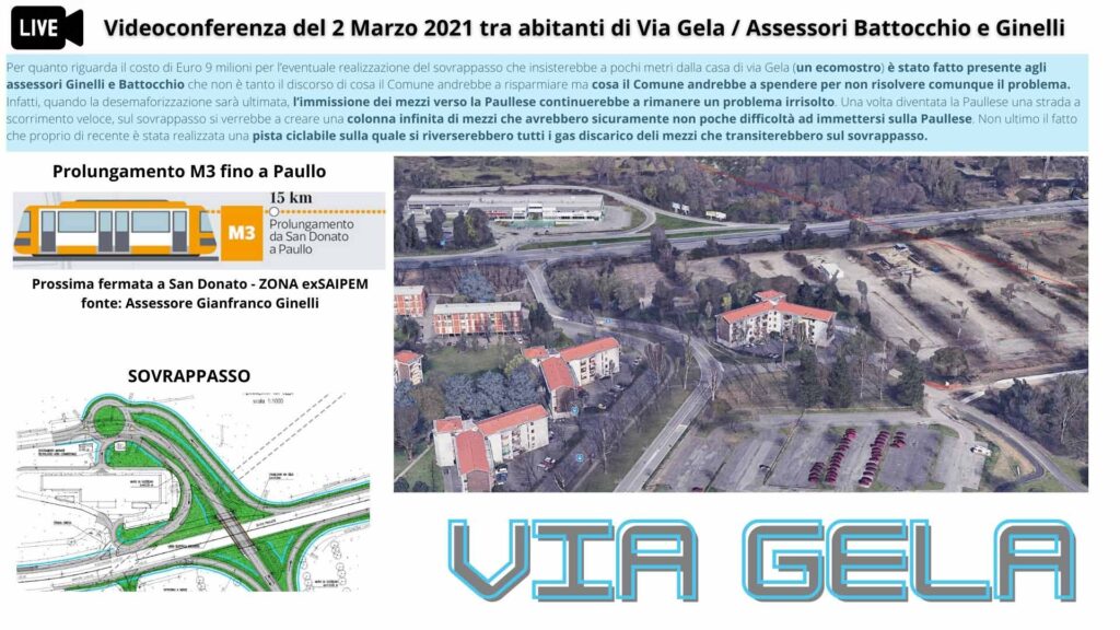 Via Gela 2 Marzo 21 - San Donato Milanese Videconferenza con Assessori Battocchio e Ginelli e Abitanti di Via gela sul problema del futuro sovrappasso e sul prolungamento della linea gialla m3 fino a Paullo