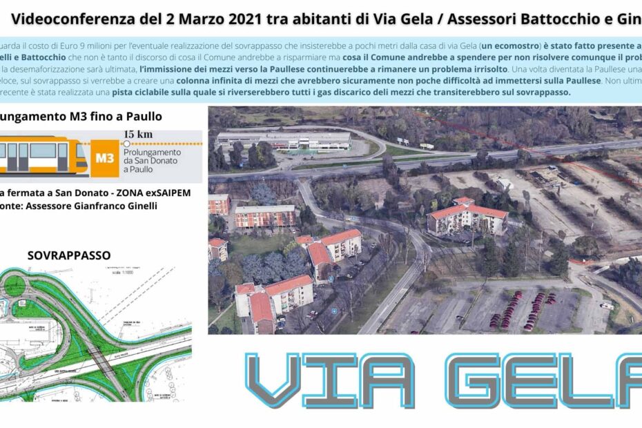 Via Gela 2 Marzo 21 - San Donato Milanese Videconferenza con Assessori Battocchio e Ginelli e Abitanti di Via gela sul problema del futuro sovrappasso e sul prolungamento della linea gialla m3 fino a Paullo