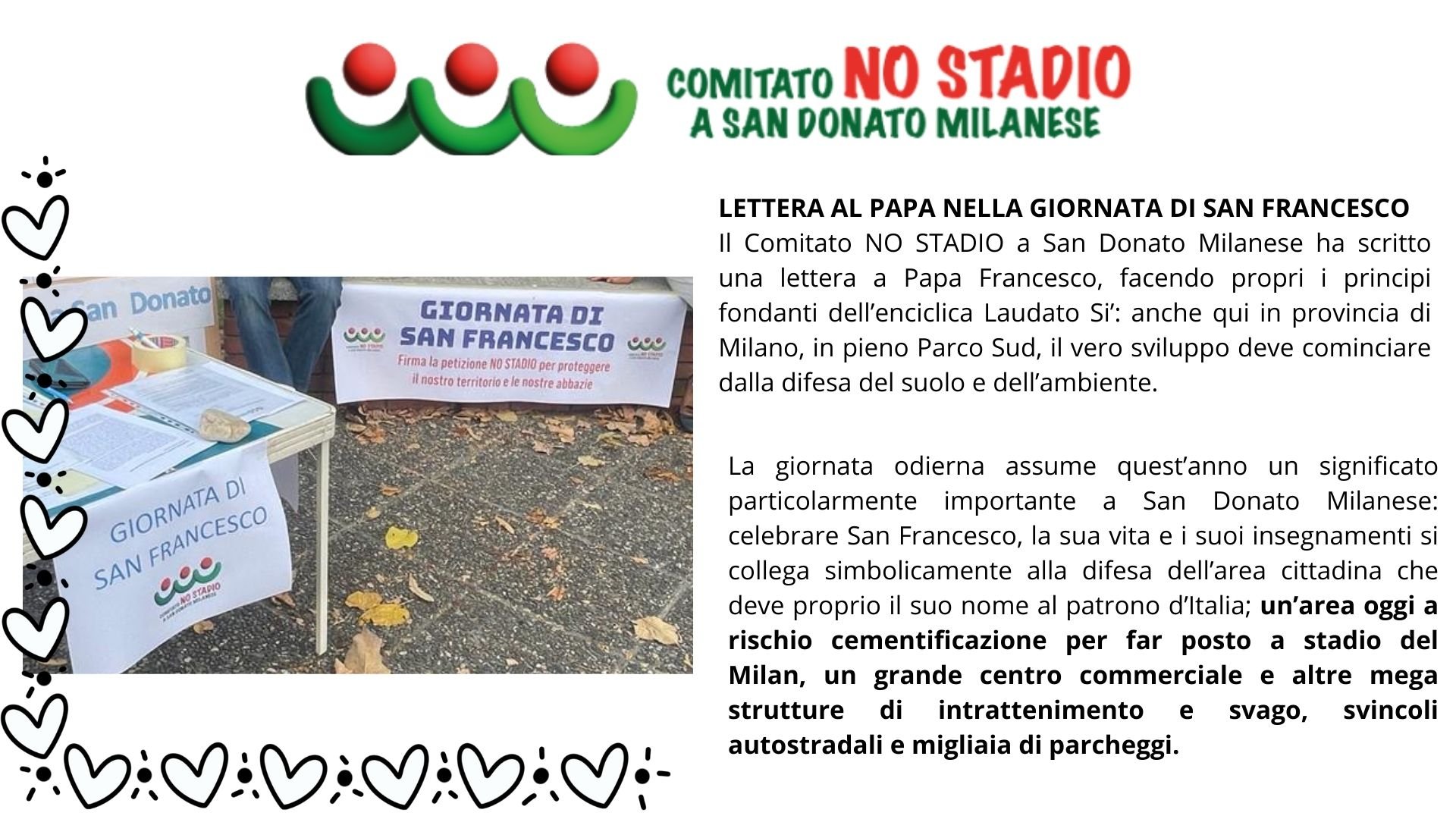 LETTERA AL PAPA NELLA GIORNATA DI SAN FRANCESCO Il Comitato NO STADIO a San Donato Milanese
