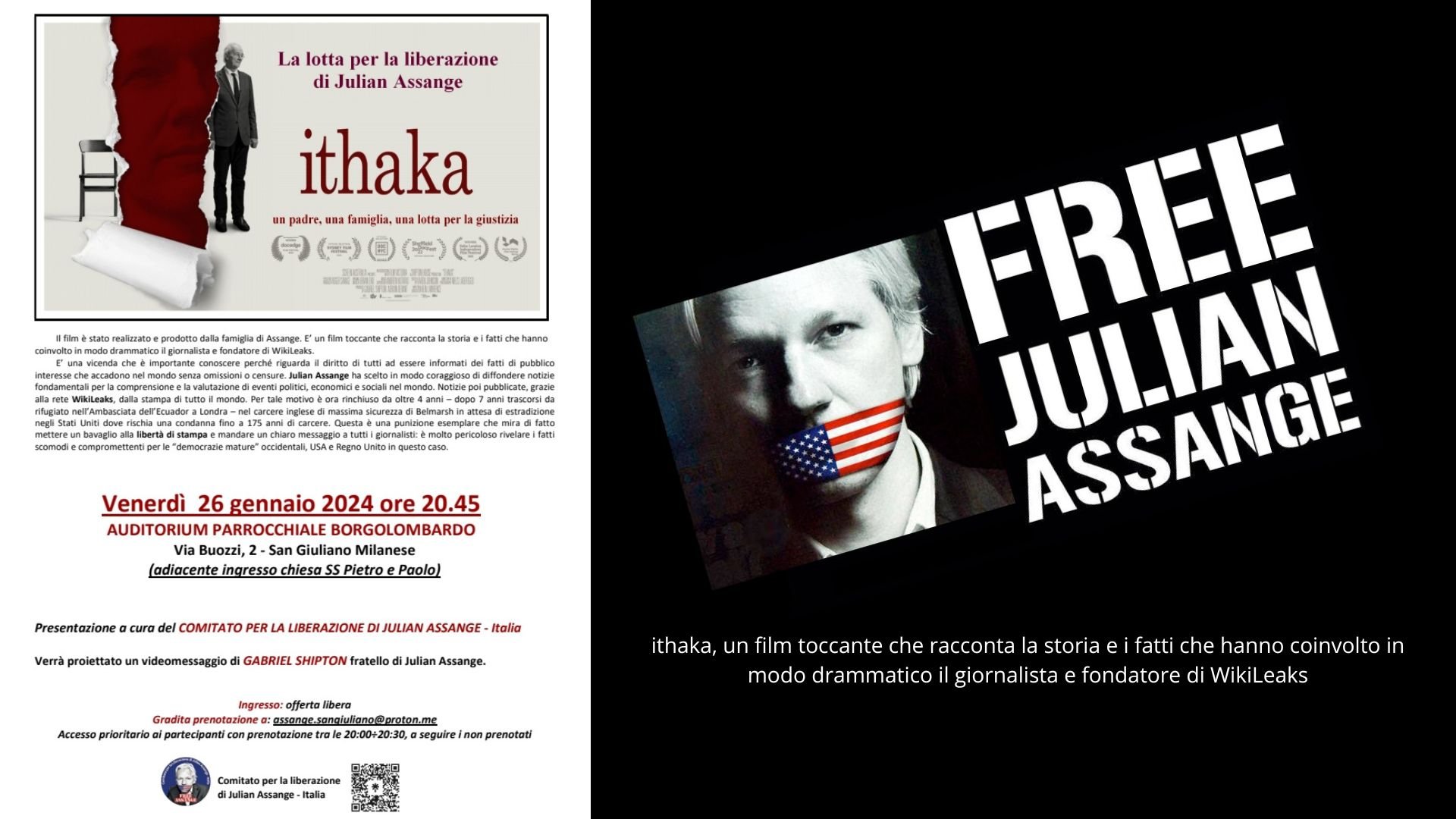Julian Assange - Ithaka 26 Gennaio 2024 - San Giuliano Milanese Borgolombardo ore 20:45