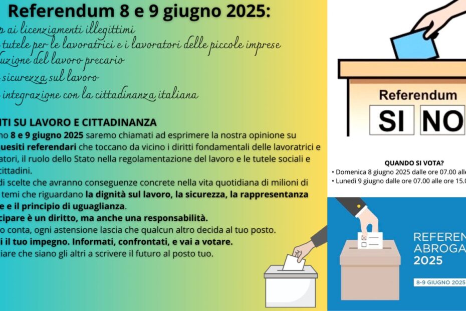 REFERENDUM QUANDO SI VOTA • Domenica 8 giugno 2025 dalle ore 07.00 alle ore 23.00 • Lunedì 9 giugno dalle ore 07.00 alle ore 15.00