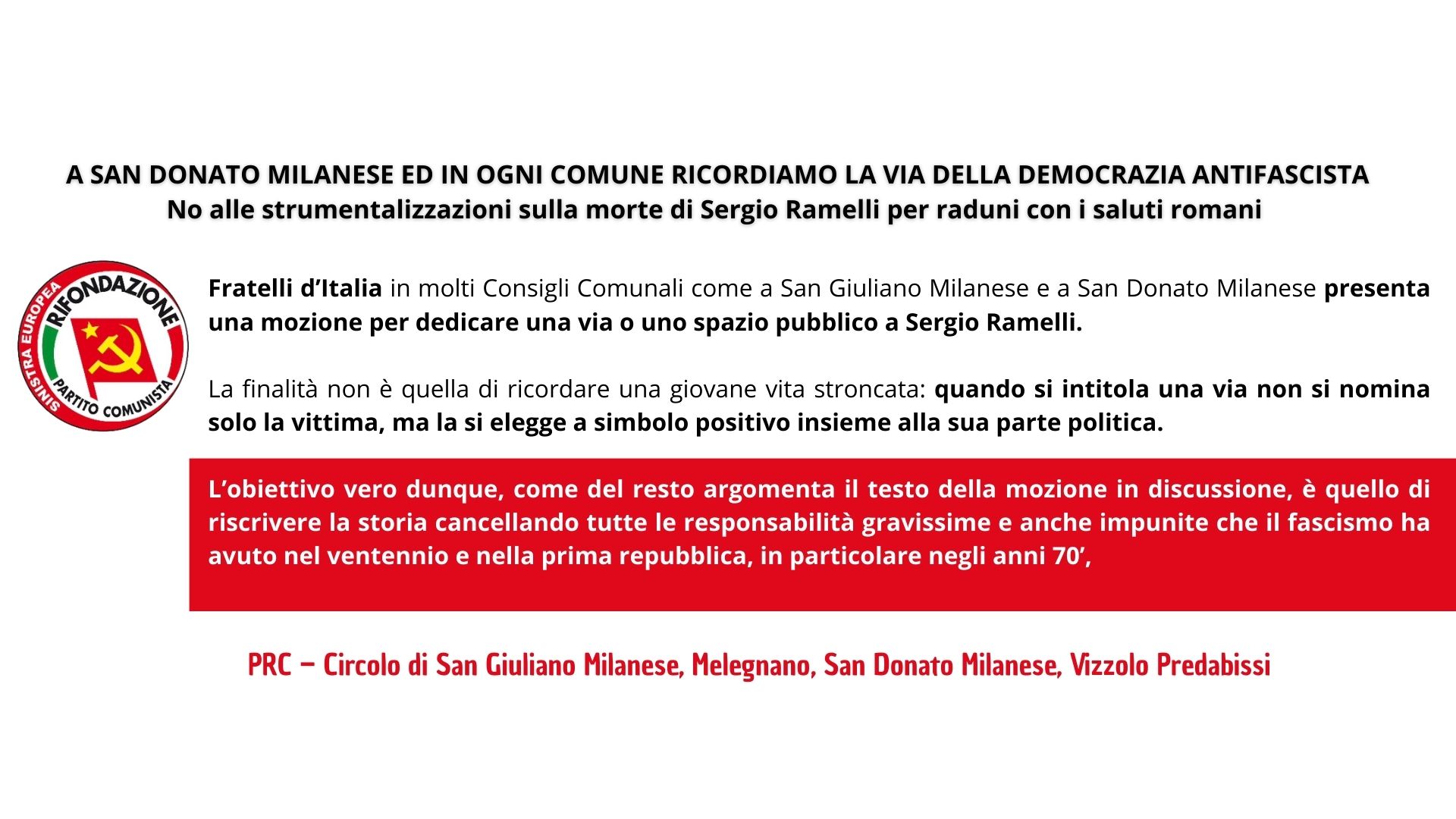 A SAN DONATO MILANESE No alle strumentalizzazioni sulla morte di Ramelli per raduni con i saluti romani