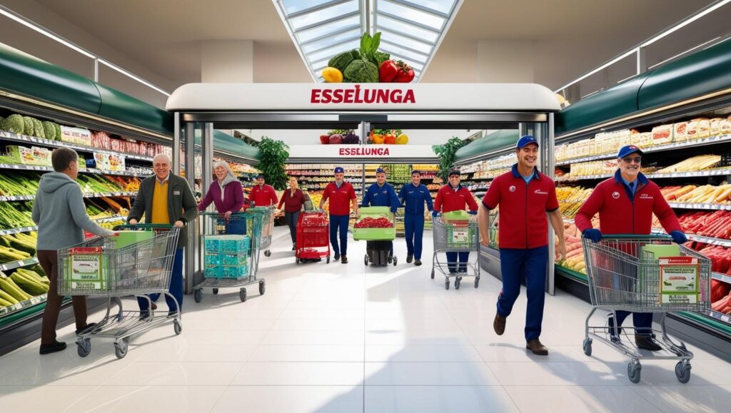 supermercato esselunga, con corrieri spesa a caso e clienti che entrano nel supermercato