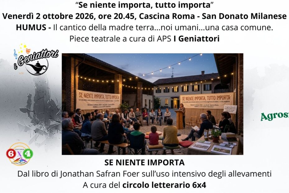 “Se niente importa, tutto importa” Venerdì 2 ottobre, ore 20.45, Cascina Roma HUMUS Il cantico della madre terra...noi umani...una casa comune. Piece teatrale a cura di APS I Geniattori SE NIENTE