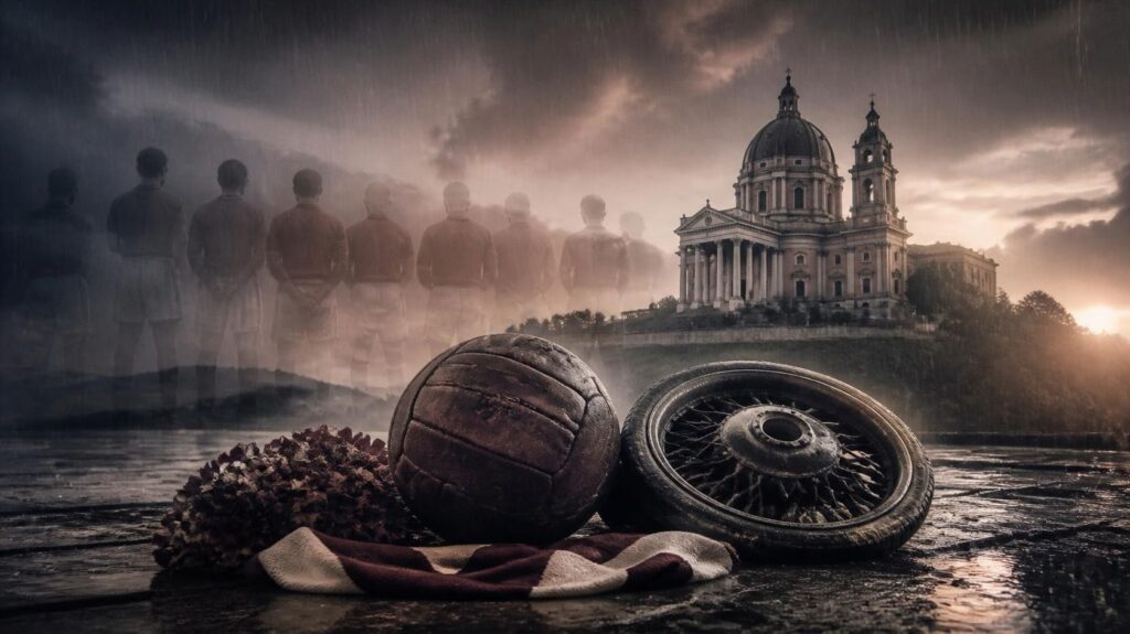 Rappresentazione evocativa del Grande Torino con un pallone d’epoca e una ruota d’aereo davanti alla Basilica di Superga