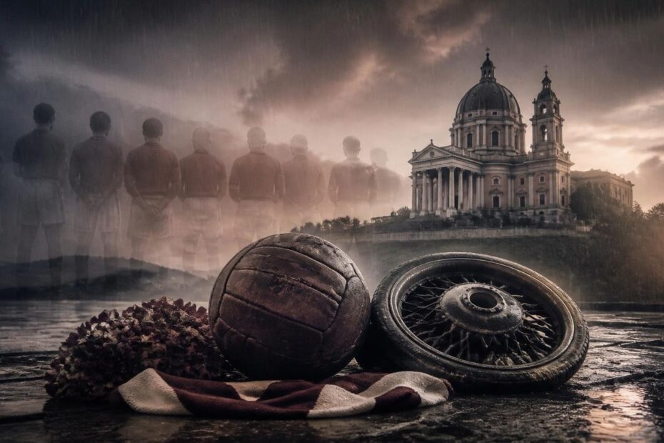 Rappresentazione evocativa del Grande Torino con un pallone d’epoca e una ruota d’aereo davanti alla Basilica di Superga