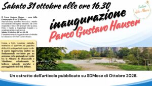 Estratto dell'articolo su SDMese di Ottobre 2026 che annuncia l'inaugurazione del Parco Gustavo Hauser a San Donato Milanese, sabato 31 ottobre alle 16.30. Immagine realizzata da Redazione RecSando