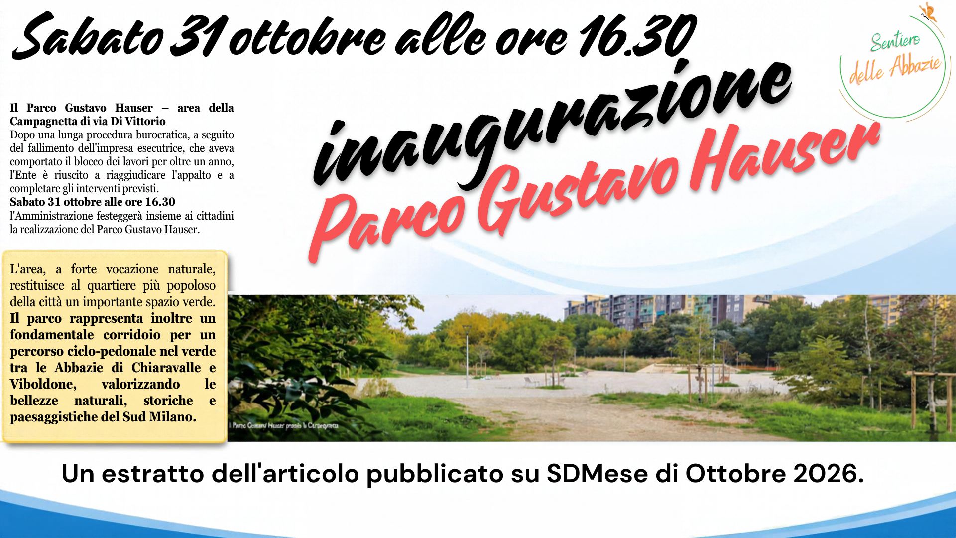 Estratto dell'articolo su SDMese di Ottobre 2026 che annuncia l'inaugurazione del Parco Gustavo Hauser a San Donato Milanese, sabato 31 ottobre alle 16.30. Immagine realizzata da Redazione RecSando